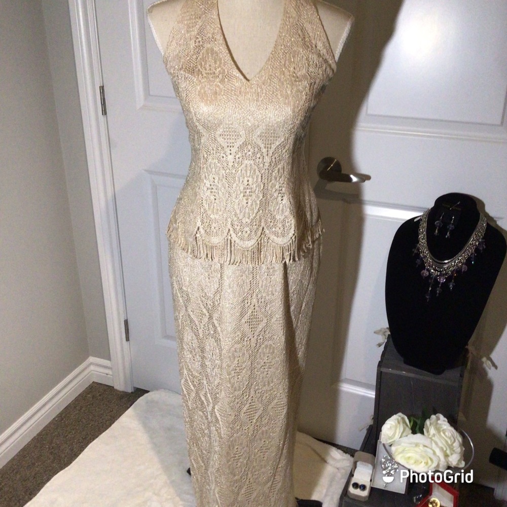 COPY - Vintage Lace Cream / Gold Evening gown - EUC